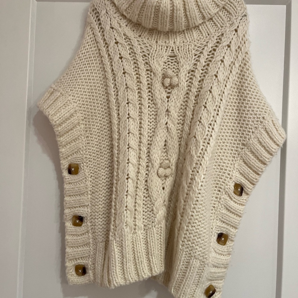 SFERRA Cream Cable Knit Sweater Poncho with Turtleneck